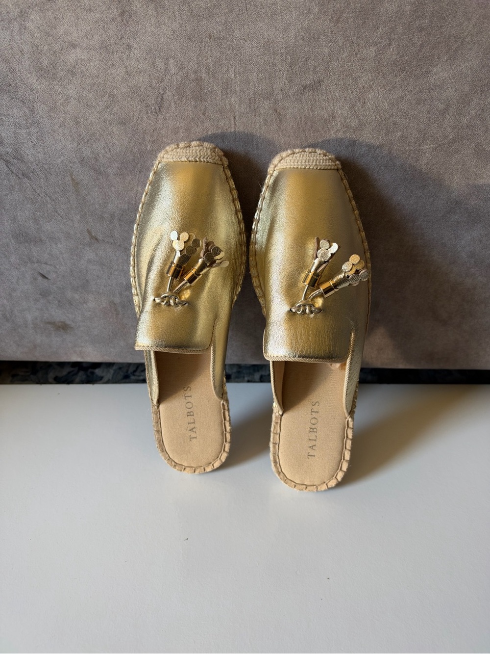 Talbots Metallic Gold Tassel Espadrille Mule